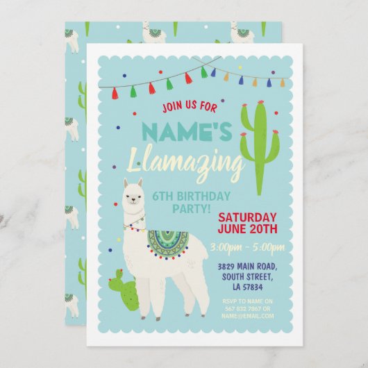 Llama Birthday Party Tassels Cactus Invite Kaart (Voorkant / Achterkant)