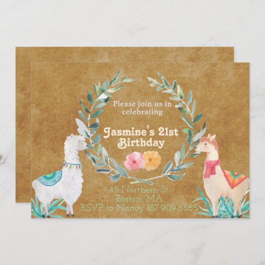 Llama Birthday Uitnodiging (Voorkant / Achterkant)