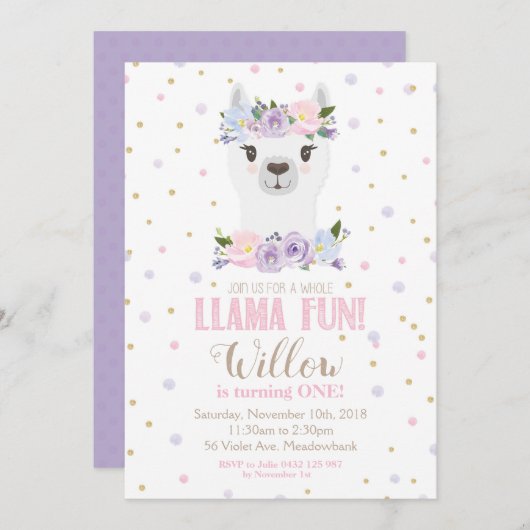 Llama Birthday Uitnodiging Paars Floral Girl (Voorkant / Achterkant)