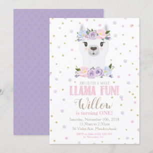 Llama Birthday Uitnodiging Paars Floral Girl