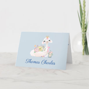 Llama Blauw en Wit met Bloemen Baby Bedankkaart