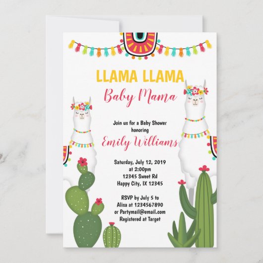 Llama cactus baby shower nodigGirl Fiesta Kaart (Voorkant)