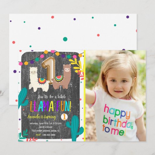 Llama Cactus Child 1st Birthday Invitation Kaart (Voorkant / Achterkant)