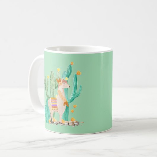 Llama & Cactus Mint Green Koffiemok (Voorkant links)