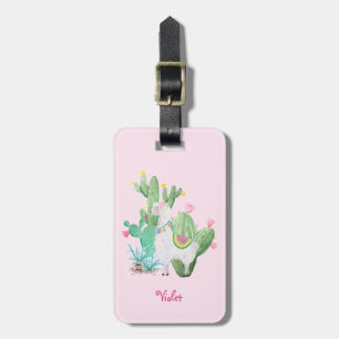 Llama & Cactus Pastel Roze gepersonaliseerd Bagagelabel