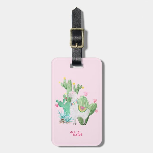 Llama & Cactus Pastel Roze gepersonaliseerd Bagagelabel (Voorkant verticaal)