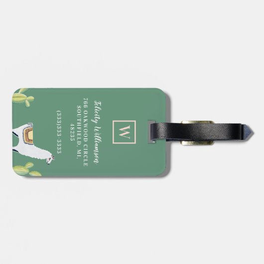 Llama & Cactus Pattern Pink & Green Monogram Bagagelabel (Achterkant horizontaal)