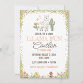 Llama Cactus Verjaardag Gouden Glitter Uitnodiging (Voorkant)
