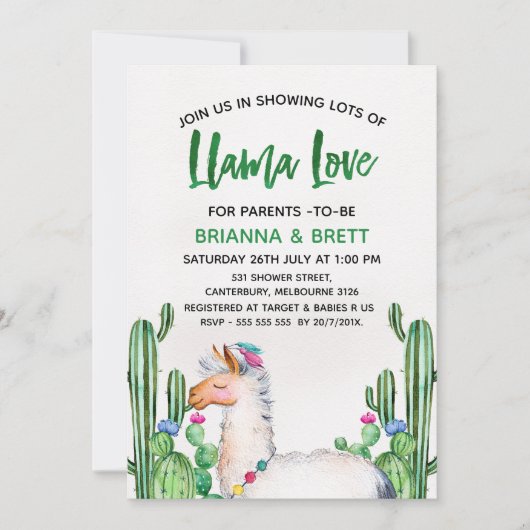 Llama Cacus Waterverf Baby shower Uitnodiging (Voorkant)
