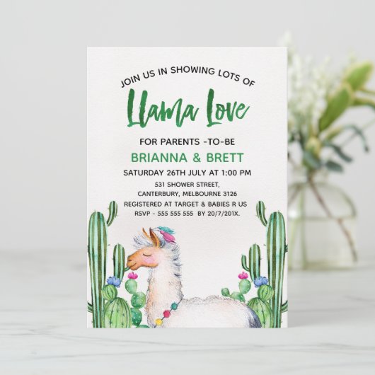 Llama Cacus Waterverf Baby shower Uitnodiging (Staand voorkant)