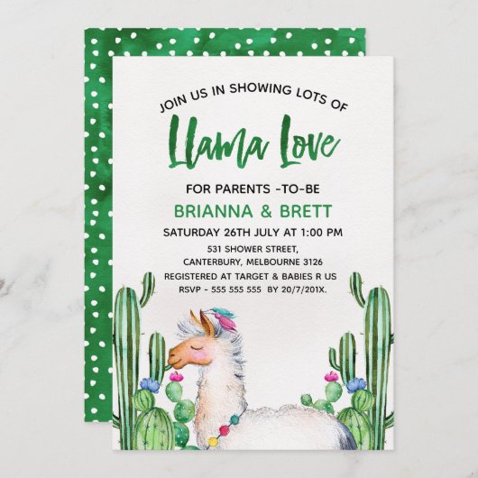 Llama Cacus Waterverf Baby shower Uitnodiging (Voorkant / Achterkant)