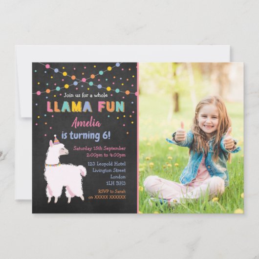 Llama Chalk Verjaardagsfeest Fotouitnodiging Kaart (Voorkant)