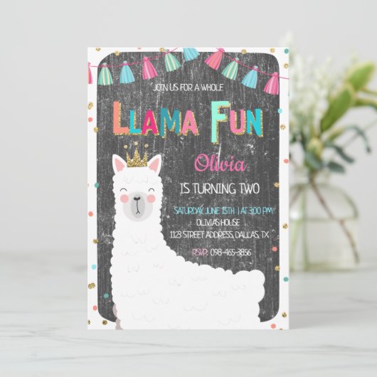Llama Chalkboard Birthday Invitation Kaart (Staand voorkant)