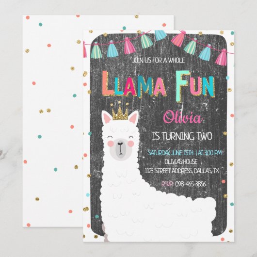 Llama Chalkboard Birthday Invitation Kaart (Voorkant / Achterkant)