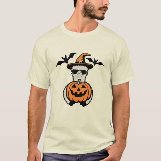 Llama Cool Halloween Pumpkin Sunglasses Witch Hat T-shirt (Voorkant)