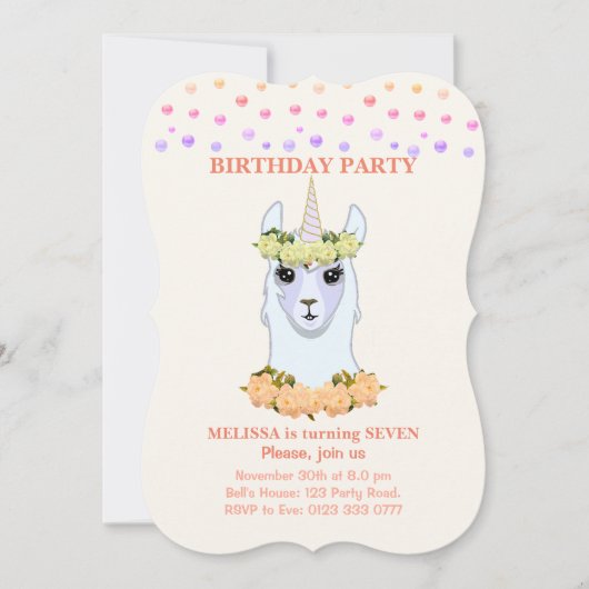 Llama-corn 7e verjaardag Uitnodiging (Voorkant)
