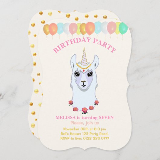 Llama-corn 7e verjaardag Uitnodiging (Voorkant / Achterkant)