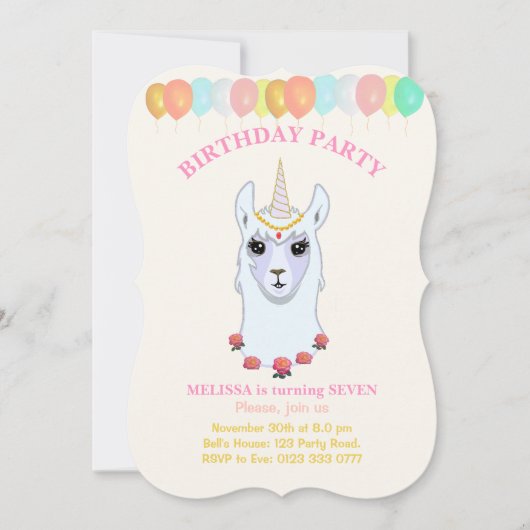 Llama-corn 7e verjaardag Uitnodiging (Voorkant)