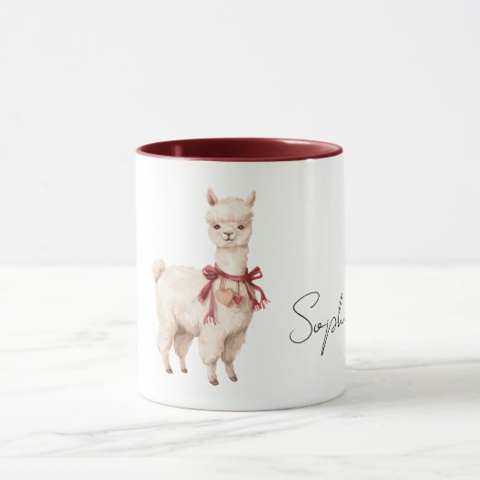 Llama Cream Bow Red Hearts Mok (Midden)