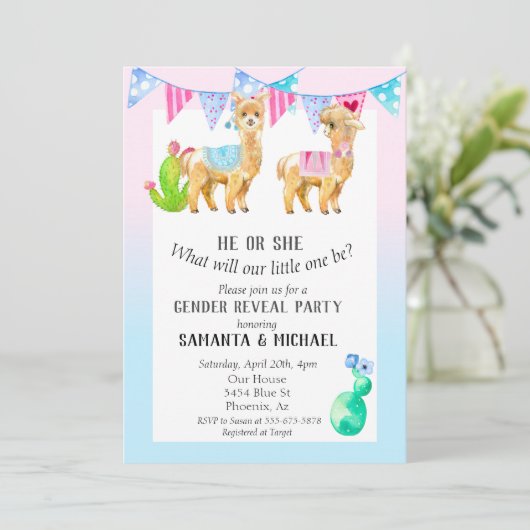 Llama Cute Waterverf Gender Reopenbaarmakingsfeest Kaart (Staand voorkant)