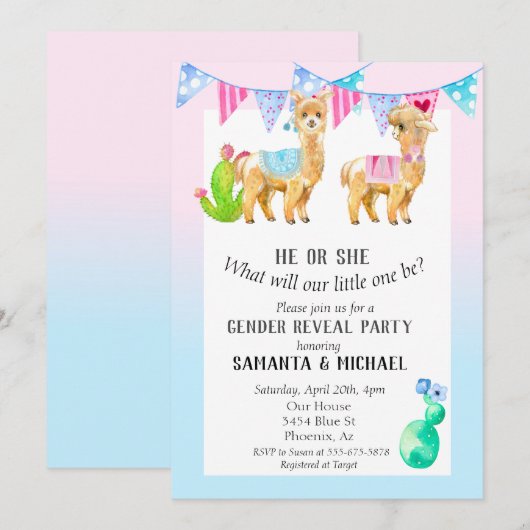 Llama Cute Waterverf Gender Reopenbaarmakingsfeest Kaart (Voorkant / Achterkant)