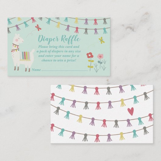 Llama Diaper Raffle Card Mint Genderneutraal Informatiekaartje (Voorkant / Achterkant)