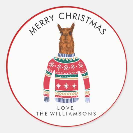 Llama die grappig met Scandinavische kerstmis woon Ronde Sticker (Voorkant)