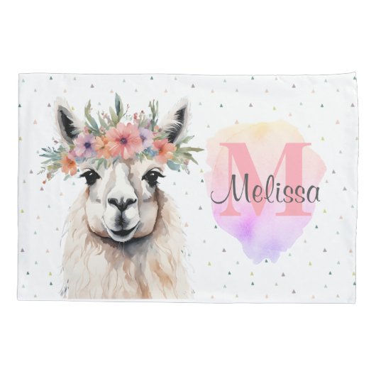 Llama Dier Schattige Wildflower Roze Monogram Kussensloop (Achterkant)