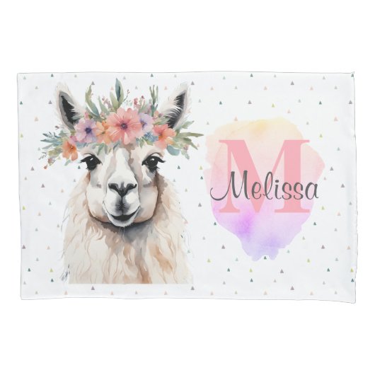  Llama Dier Schattige Wildflower Roze Monogram Kussensloop (Voorkant)