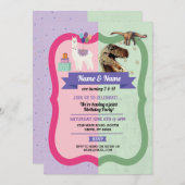 Llama & Dinosaurus Uitnodigingen Jongen Meisje Ver (Voorkant / Achterkant)