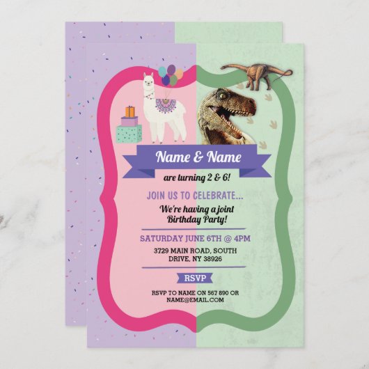 Llama & Dinosaurus Uitnodigingen Jongen Meisje Ver (Voorkant / Achterkant)