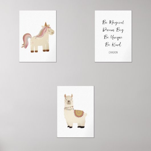 Llama Eenhoorn Boho Nursery Art, aangepaste tekstn Muurkunst Sets (Voorkant)