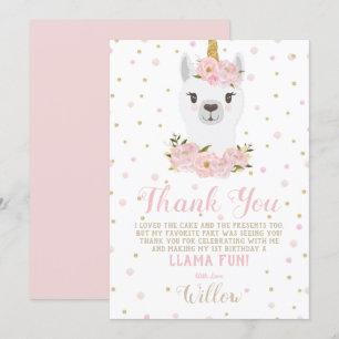 Llama Eenhoorn Dank je kaart Blush Bloemen Meisje
