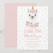 Llama Eenhoorn Verjaardag Uitnodiging Blush Floral (Voorkant / Achterkant)
