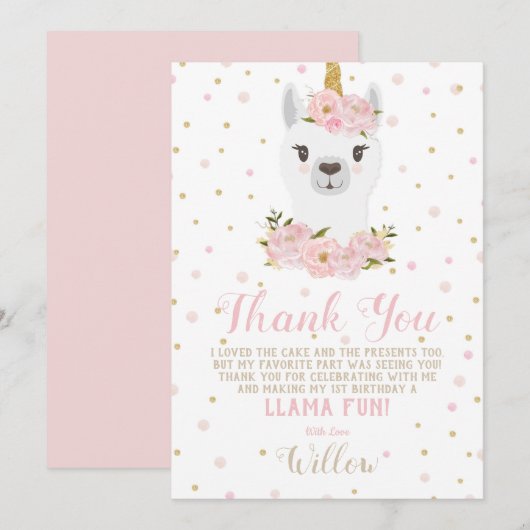 Llama Eenhoringdier Bedankt Kaart Roze Bloemen Mei (Voorkant / Achterkant)