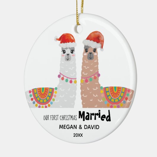 Llama Eerste Kerstfeest Gehuwd met Funny Santa Hat Keramisch Ornament (Links)