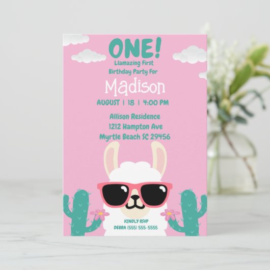 Llama Eerste verjaardag Roze Groene Partij Kaart (Staand voorkant)