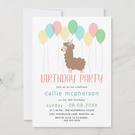 Llama en ballonnen Kinderen van Birthday Kaart (Voorkant)