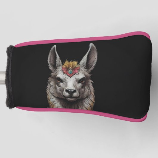 Llama en bloemenportret, Golfputter Hoesje Golfheadcover (Voorkant)