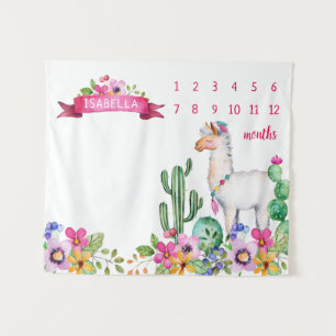 Llama en Cactus Bloem Baby Naam Mijlpaal Foto Wandkleed