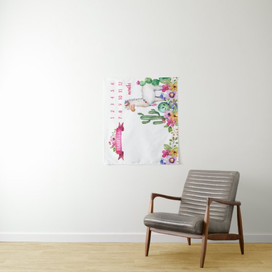 Llama en Cactus Bloem Baby Naam Mijlpaal Foto Wandkleed (In situ)