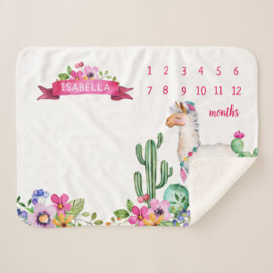 Llama en Cactus Bloemen Baby Naam Milestone Foto Sherpa Deken