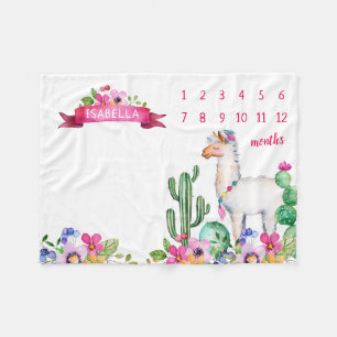 Llama en Cactus Bloemige Baby Naam Mijlpaal Foto Fleece Deken