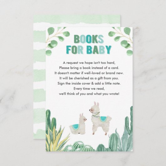 Llama en cactus book request boy baby shower informatiekaartje (Voorkant / Achterkant)