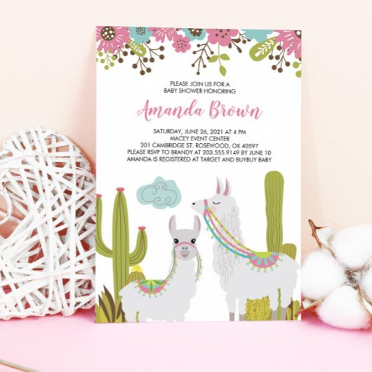 Llama en Cactus Fiesta Baby shower Kaart