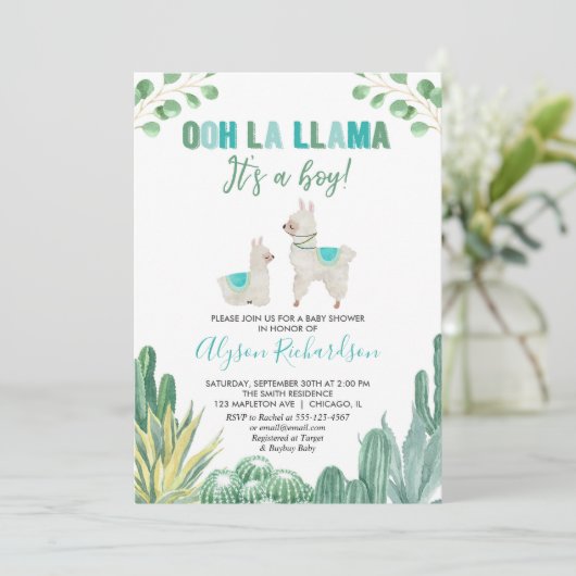 Llama en cactus jongen baby shower kaart (Staand voorkant)