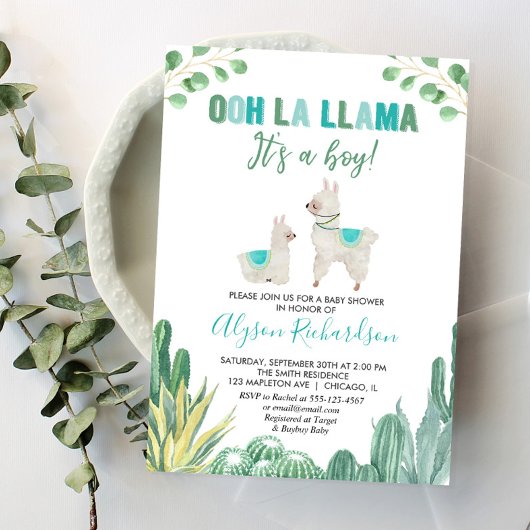 Llama en cactus jongen baby shower kaart