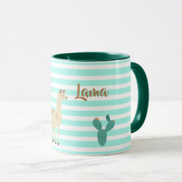 Llama en cactus op groene en witte strepen mok