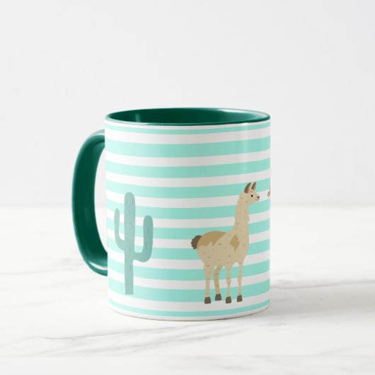 Llama en cactus op groene en witte strepen mok (Voorkant links)