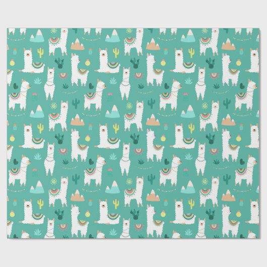 Llama en Cactus Patterned in Green Cadeaupapier (Vlak)
